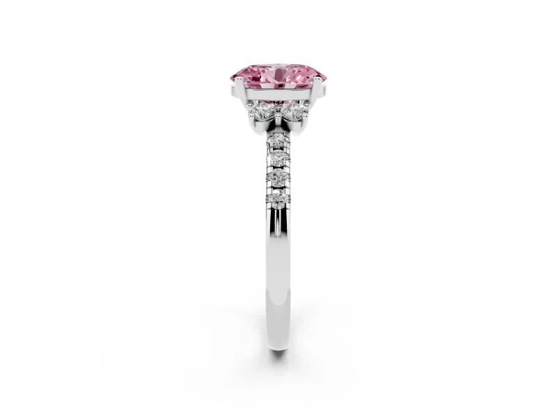 Oval Side Stone Engagement Ring Setting for a Fancy Pink Lab-Grown Diamond | Pave Band | White Gold