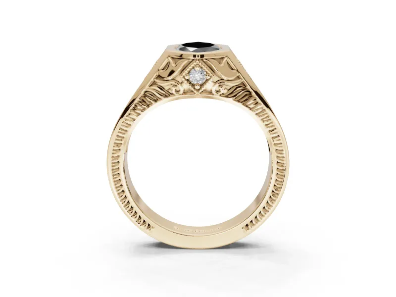 Marquise Vintage Bezel Engagement Ring Setting for a Black Center | Engraved Band | Yellow Gold