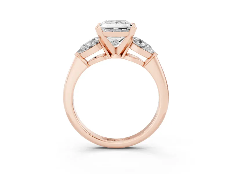 Three-Stone Princess Cut Diamond Ring Set in Rose gold with Pear Side Stones and Prong Setting