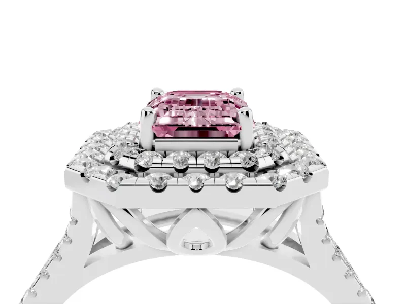Emerald Cut Halo Split Shank Engagement Ring Setting for a Fancy Pink Lab-Grown Diamond | Pavé Strands | Platinum