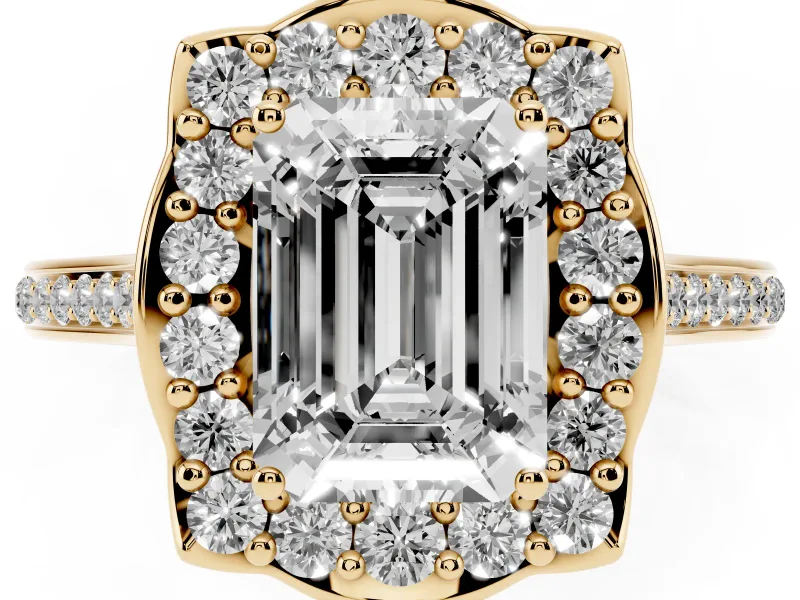 Emerald Cut Petal Tip Halo Engagement Ring Setting | Single Row Pavé Band | Yellow Gold