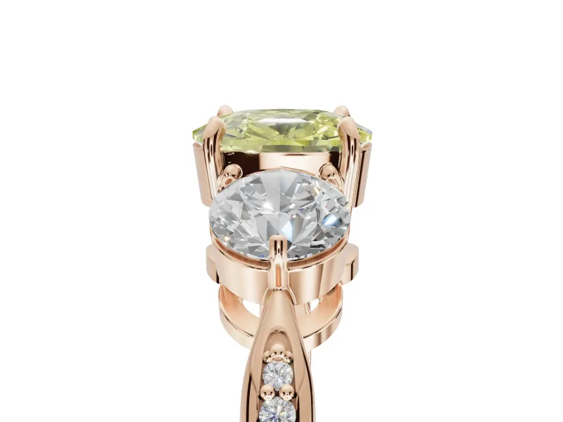 Cushion Cut Three Stone Engagement Ring Setting for a Fancy Yellow Lab-Grown Diamond | Tapered Pave Band | Rose Gold