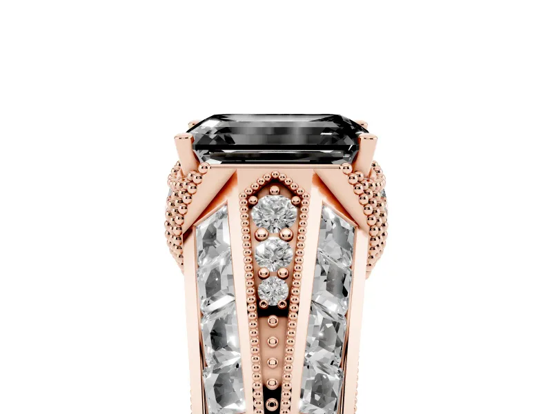 Fancy Black Emerald Cut Diamond Vintage-Inspired Milgrain Ring Set in Rose gold with Accent Split Shank