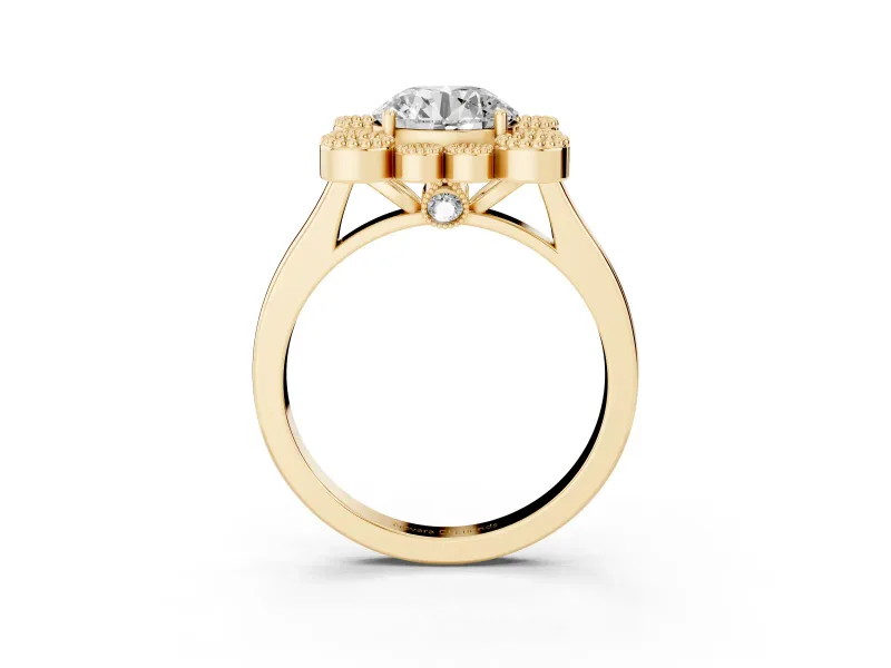 Round Vintage Milgrain Bezel Cluster Halo Engagement Ring Setting | Plain Band | Yellow Gold