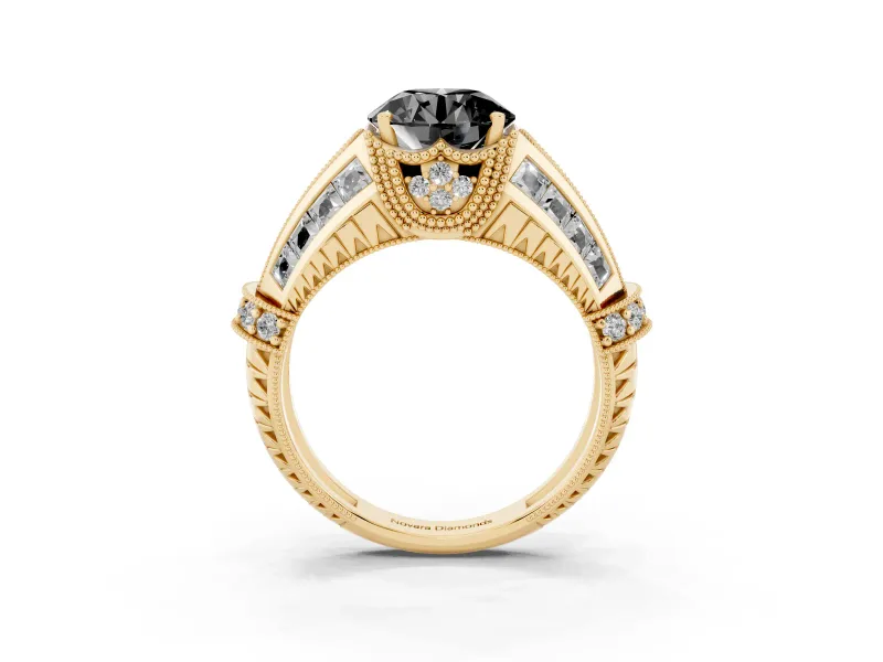 Fancy Black Round Cut Diamond Vintage-Inspired Milgrain Ring Set in Yellow gold with Accent Split Shank