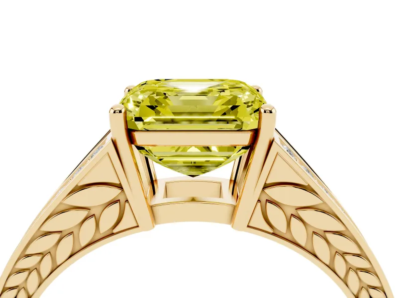 Fancy Yellow Asscher Cut Diamond Split Shank Ring Set in Yellow gold with Pavé Band and Prong Setting