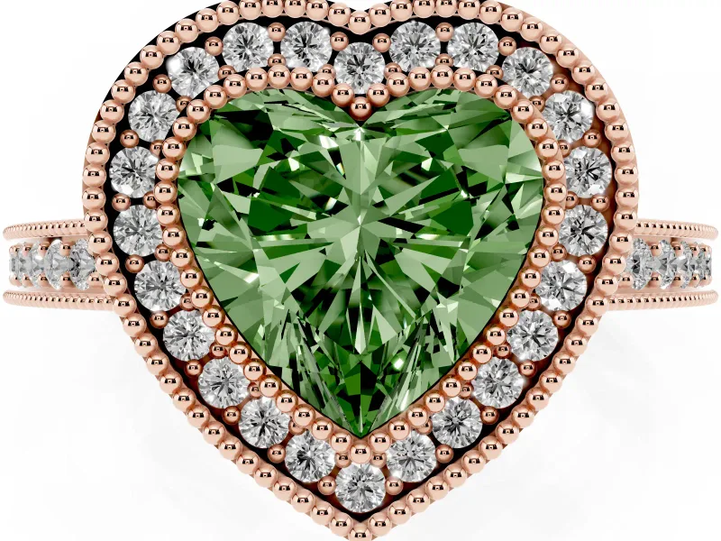 Heart-Shaped Double Milgrain Halo Engagement Ring Setting for a Fancy Green Lab-Grown Diamond | Pave Band | Rose Gold