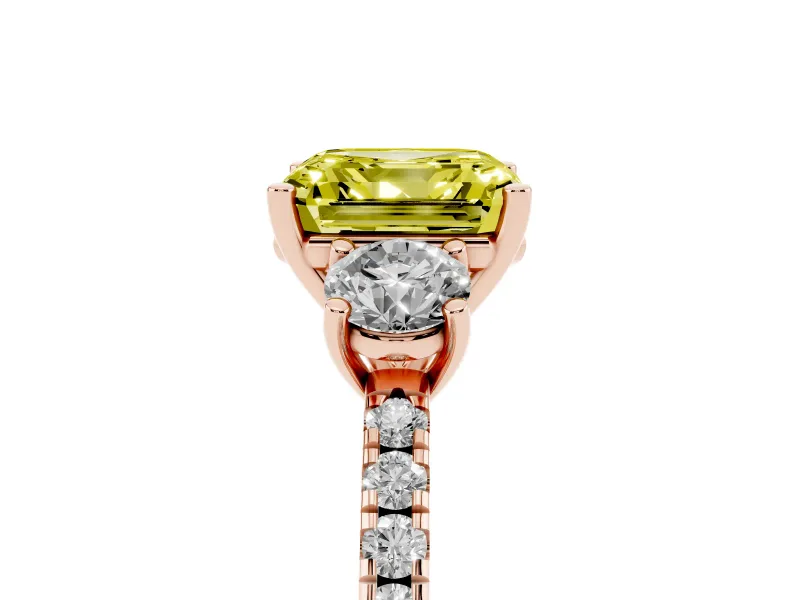 Asscher Cut Three Stone Engagement Ring Setting for a Fancy Yellow Lab-Grown Diamond | Pave Shoulders | Rose Gold