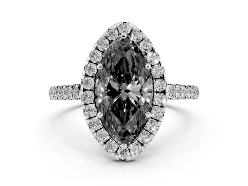Fancy Black Marquise Cut Diamond Halo Pavé Engagement Ring Set in White gold with Prong Setting
