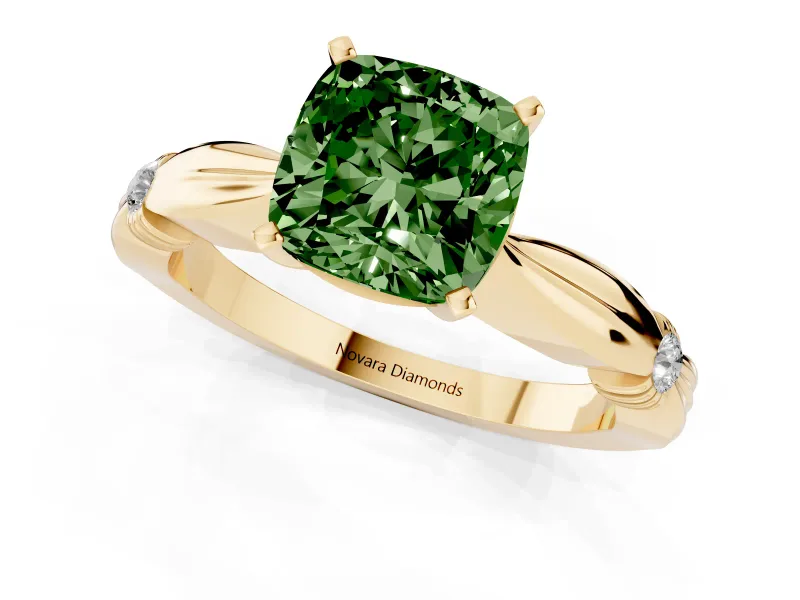 Fancy Green Cushion Cut Diamond Solitaire Twisted Band Ring Set in Yellow gold with Accent Stones and Prong Setting