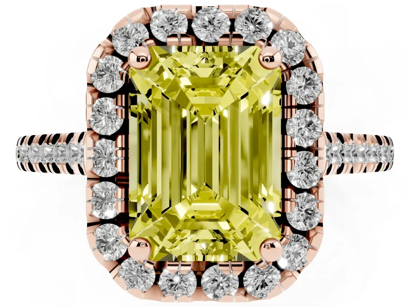 Emerald Cut Halo Engagement Ring Setting for a Fancy Yellow Lab-Grown Diamond | Tapered Band | Rose Gold