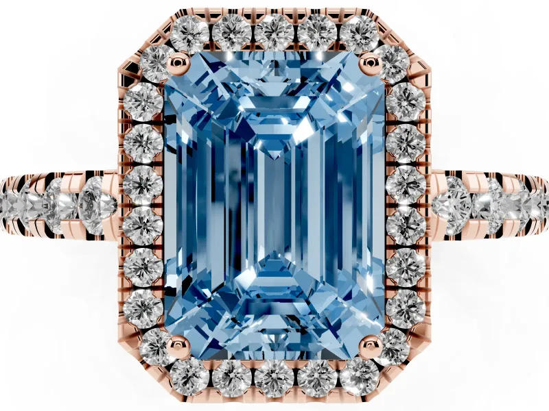 Fancy Blue Emerald Cut Diamond Halo Ring Set in Rose gold with Delicate Pavé Band and Prong Setting