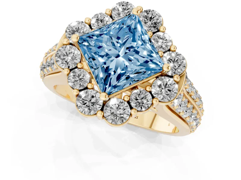 Princess Cut Large Accent Halo Engagement Ring Setting for a Fancy Blue Lab-Grown Diamond | Graduated Pavé | Yellow Gold