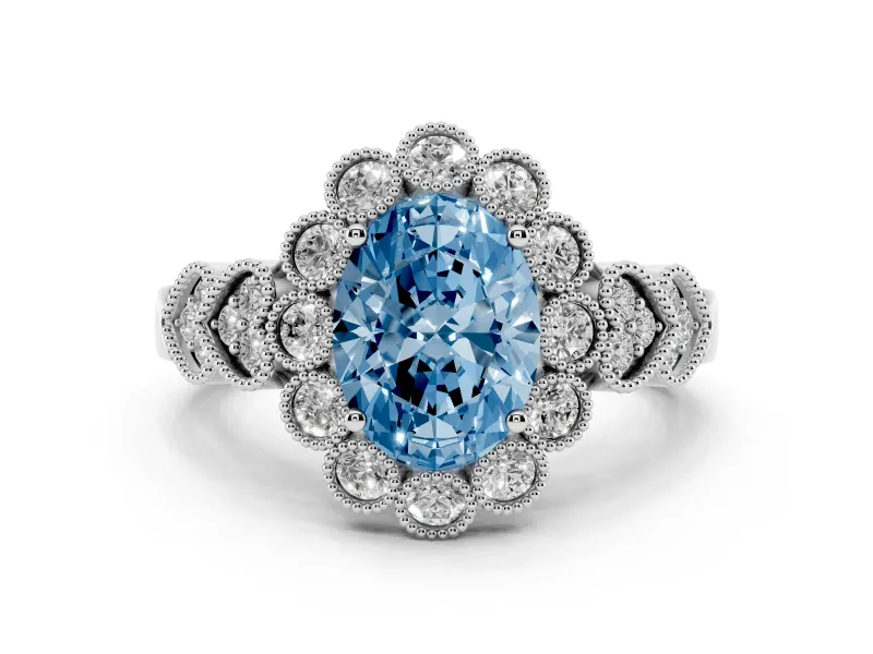 Fancy Blue Oval Cut Diamond Solitaire Ring Set in White gold with Milgrain Pavé Heart Band
