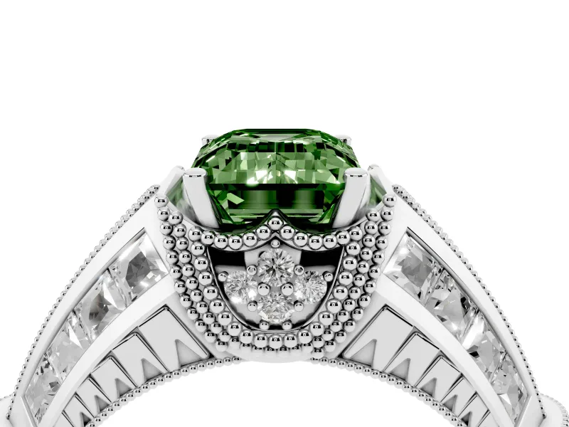 Fancy Green Emerald Cut Diamond Vintage-Inspired Milgrain Ring Set in Platinum with Accent Split Shank