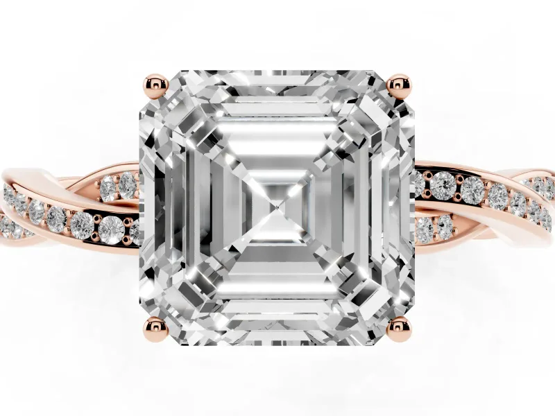 Asscher Cut Diamond Solitaire Twisted Pavé Ring Set in Rose gold with Prong Setting