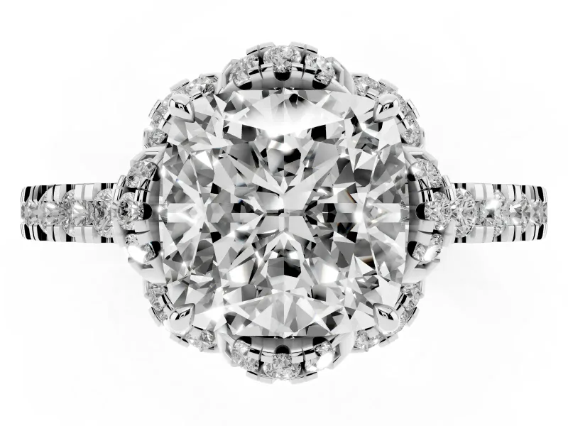 Cushion Cut Diamond Halo Pavé Band Ring Set in White gold with Prong-Held Center