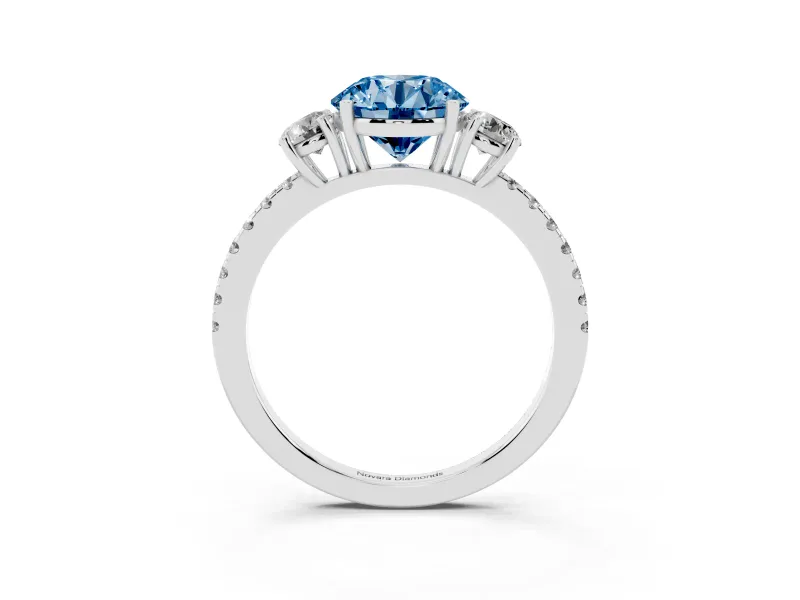 Round Three Stone Engagement Ring Setting for a Fancy Blue Lab-Grown Diamond | Pave Shoulders | Platinum