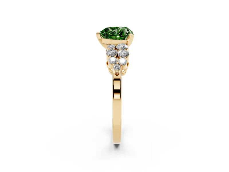 Heart-Shaped Side Stone Engagement Ring Setting for a Fancy Green Lab-Grown Diamond | Shoulder Clusters | Yellow Gold