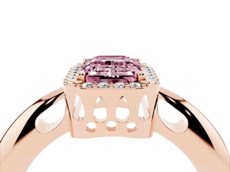 Fancy Pink Emerald Cut Diamond Halo Engagement Ring Set in Rose gold with Plain Split Shank and Prong Setting