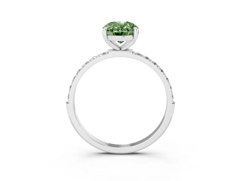 Fancy Green Oval Cut Diamond Solitaire Ring Set in White gold with Round Pavé Band and Prong Setting