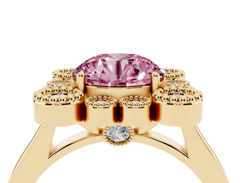 Round Milgrain Cluster Halo Engagement Ring Setting for a Fancy Pink Lab-Grown Diamond | Plain Band | Yellow Gold