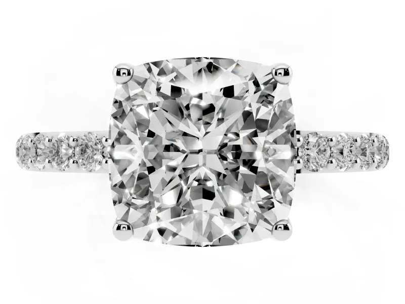 Cushion Cut Pave Solitaire Engagement Ring Setting | Fine Line Pave Band | White Gold