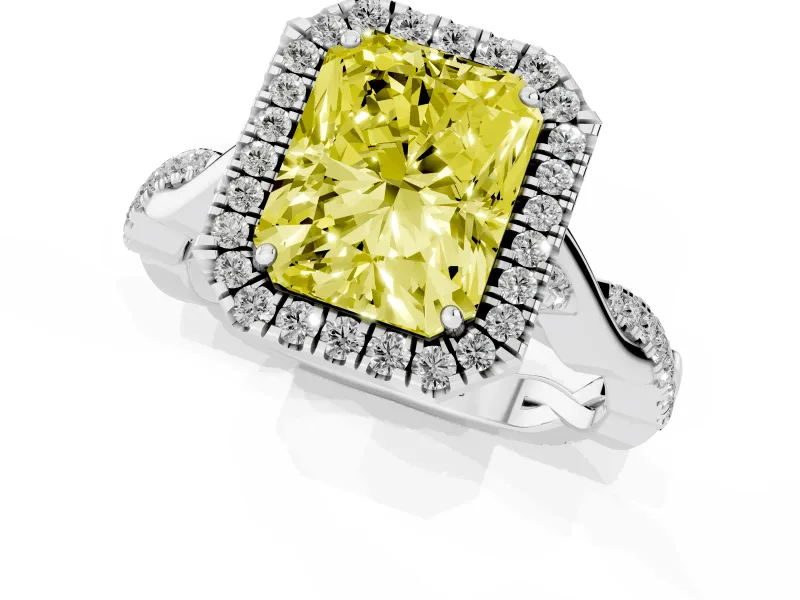 Radiant Cut Twist Halo Engagement Ring Setting for a Fancy Yellow Lab-Grown Diamond | Platinum