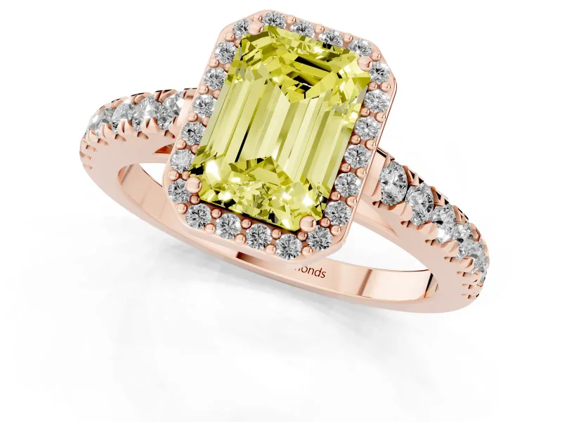 Fancy Yellow Emerald Cut Diamond Halo Engagement Ring Set in Rose gold with Pavé Band and Prong Setting