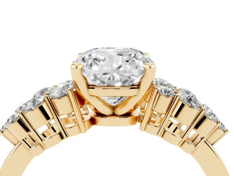 Cushion Cut Diamond Cluster Engagement Ring Set in Yellow gold with Pavé Band and Prong Setting