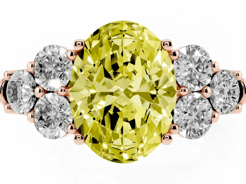 Fancy Yellow Oval Cut Diamond Cluster Ring Set in Rose gold with Round Accent Stones and Prong Setting on a Plain Band