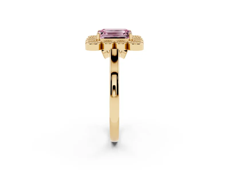 Emerald Cut Milgrain Cluster Halo Engagement Ring Setting for a Fancy Pink Lab-Grown Diamond | Plain Band | Yellow Gold