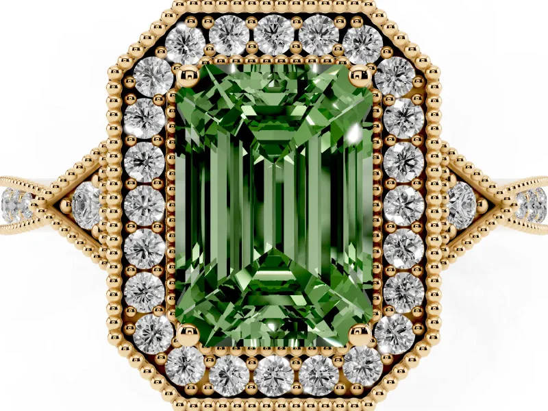 Emerald Cut Milgrain Halo Engagement Ring Setting for a Fancy Green Lab-Grown Diamond | Graduated Pavé | Yellow Gold