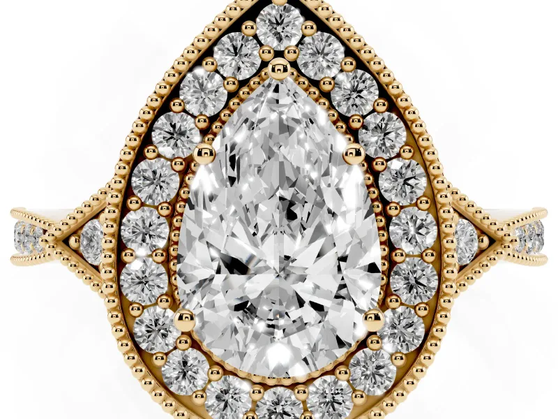 Pear-Shaped Vintage Milgrain Halo Engagement Ring Setting | Graduated Pavé Band | Yellow Gold