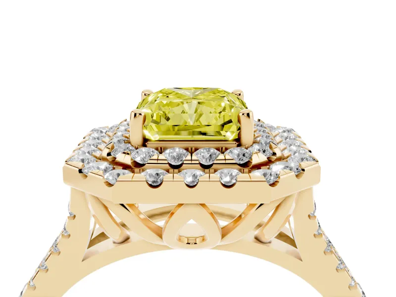 Radiant Cut Halo Split Shank Engagement Ring Setting for a Fancy Yellow Lab-Grown Diamond | Yellow Gold
