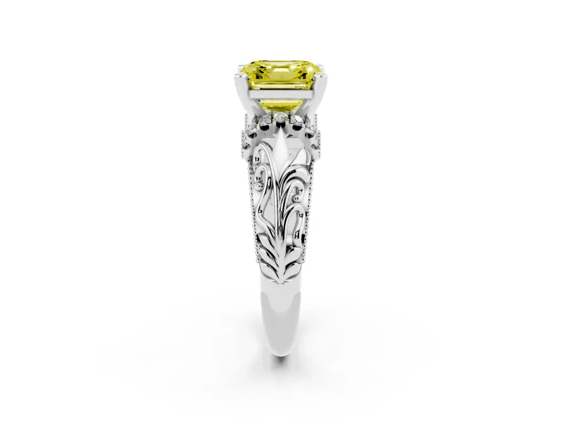 Fancy Yellow Asscher Cut Diamond Filigree Halo Engagement Ring Set in Platinum with Prong Setting