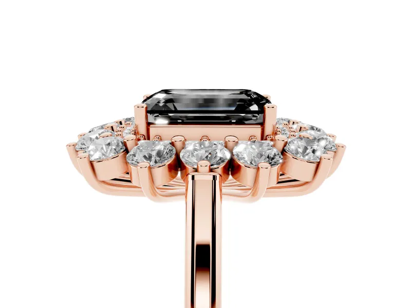 Emerald Cut Floral Double Halo Engagement Ring Setting for a Black Center | Plain Band | Rose Gold