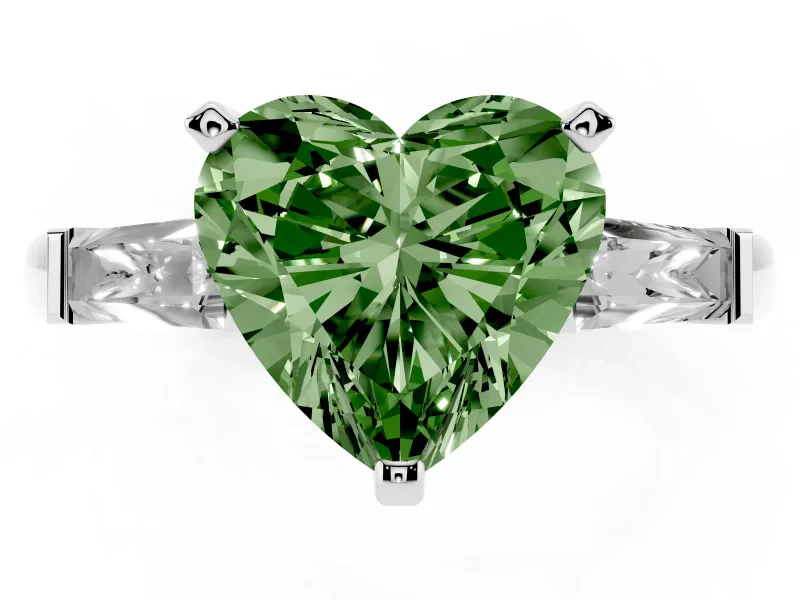 Fancy Green Heart Cut Diamond Solitaire Ring Set in White gold with Tapered Baguette Side Stones and Prong Setting