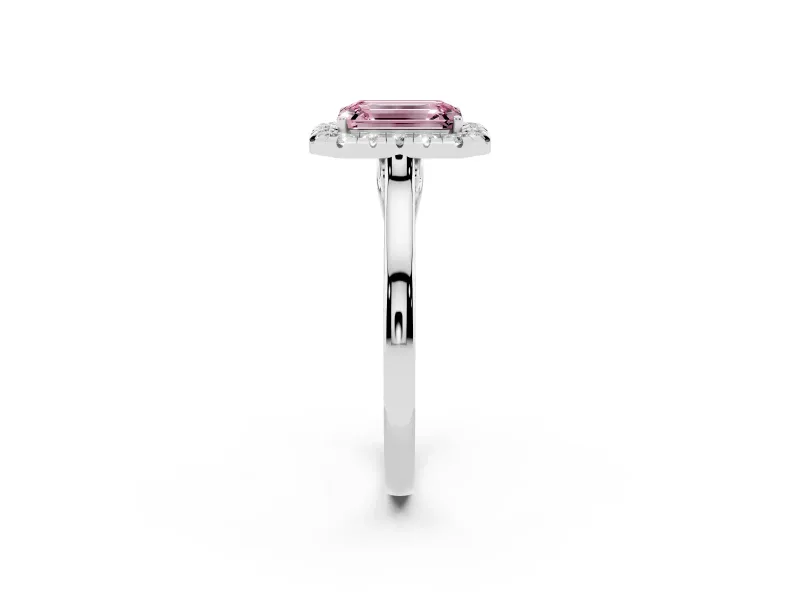 Fancy Pink Emerald Cut Halo Round Diamond Solitaire Ring Set in White gold with Pavé Band and Prong Setting