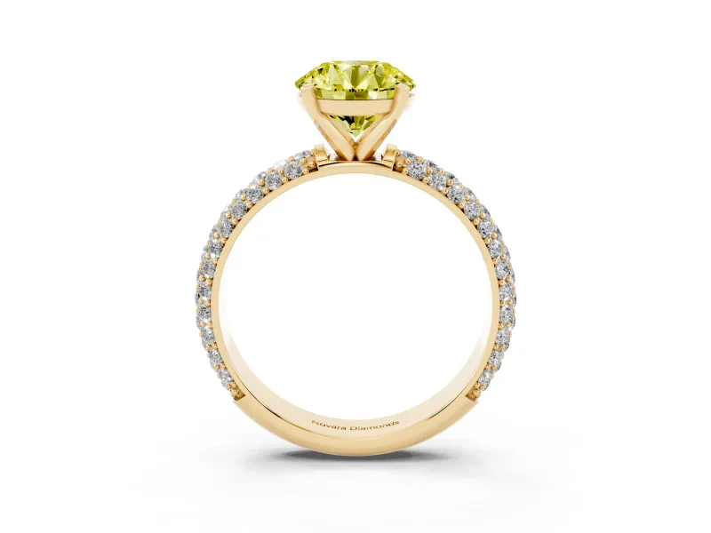 Fancy Yellow Round Cut Diamond Solitaire Ring Set in Yellow gold with Prong Setting and Pavé-Set Band