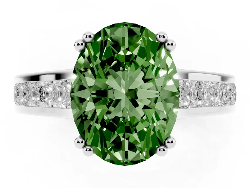 Oval Cathedral Channel Set Engagement Ring Setting for a Fancy Green Lab-Grown Diamond | Double Claw Prongs | White Gold