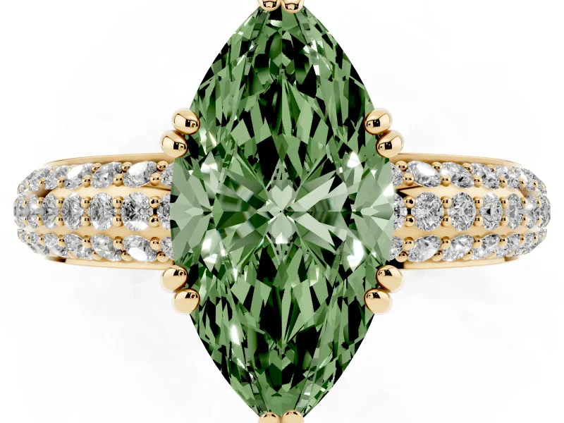 Marquise Three Row Pave Engagement Ring Setting for a Fancy Green Lab-Grown Diamond | Yellow Gold