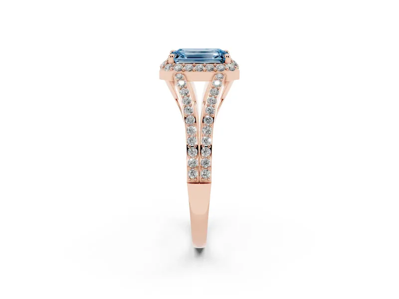 Emerald Cut Split Shank Halo Engagement Ring Setting for a Fancy Blue Lab-Grown Diamond | Rose Gold