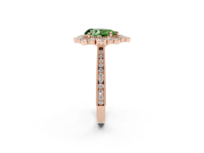 Fancy Green Pear Cut Diamond Halo Milgrain Pavé Ring Set in Rose gold with Prong Setting