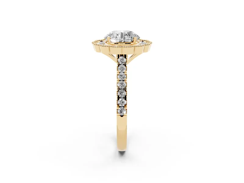 Round Vintage Milgrain Floral Halo Engagement Ring Setting | Pavé Band | Yellow Gold