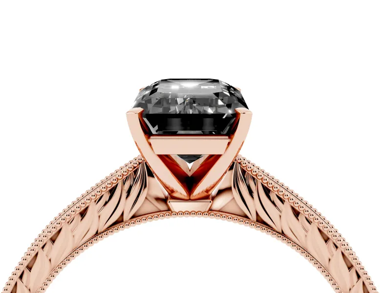 Fancy Black Emerald Cut Diamond Solitaire Milgrain Engraved Band Set in Rose gold with Prong Setting