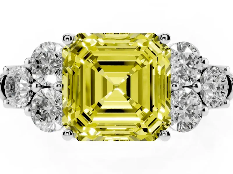 Fancy Yellow Asscher Cut Diamond Cluster Ring Set in Platinum with Round Accent Stones and Prong Setting on a Plain Band