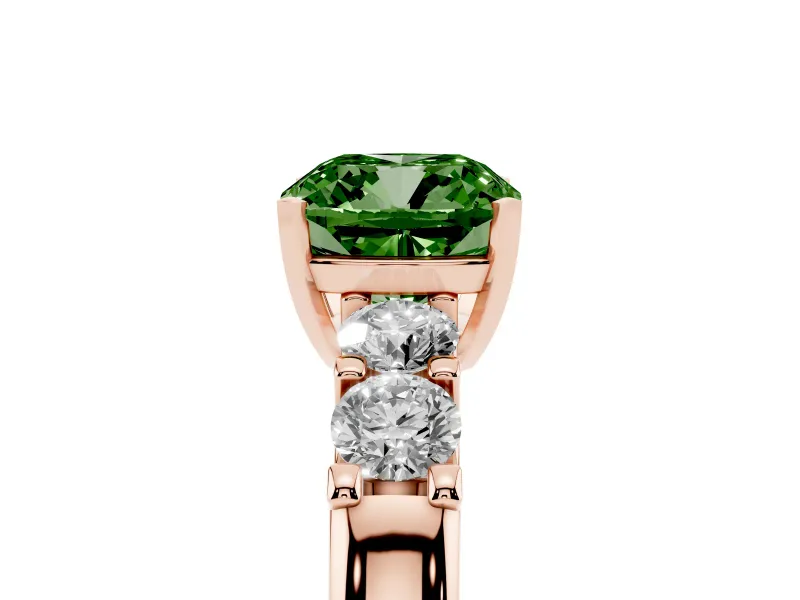 Fancy Green Cushion Cut Diamond Five-Stone Prong Set Engagement Ring Set in Rose gold with Channel Band