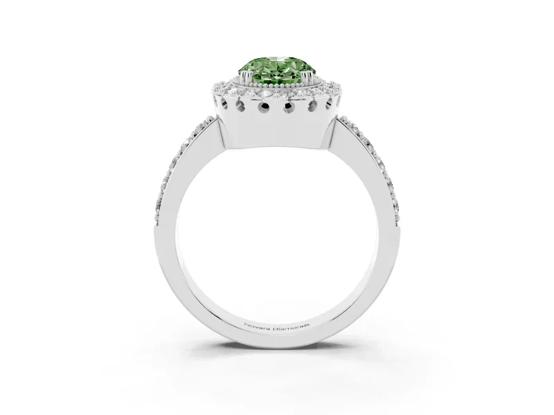 Fancy Green Oval Cut Diamond Halo Ring Set in Silver with Pavé Shank and Prong Setting
