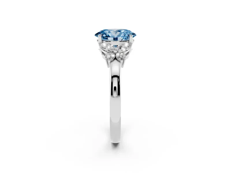 Fancy Blue Oval Cut Diamond Solitaire Floral Ring Set in Platinum with Marquise Petals and Prong Setting